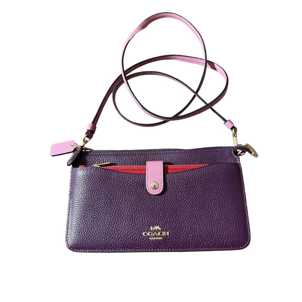 Coach Noa Pop-Up Messenger Crossbody purple pink colorblock pebble leather EUC